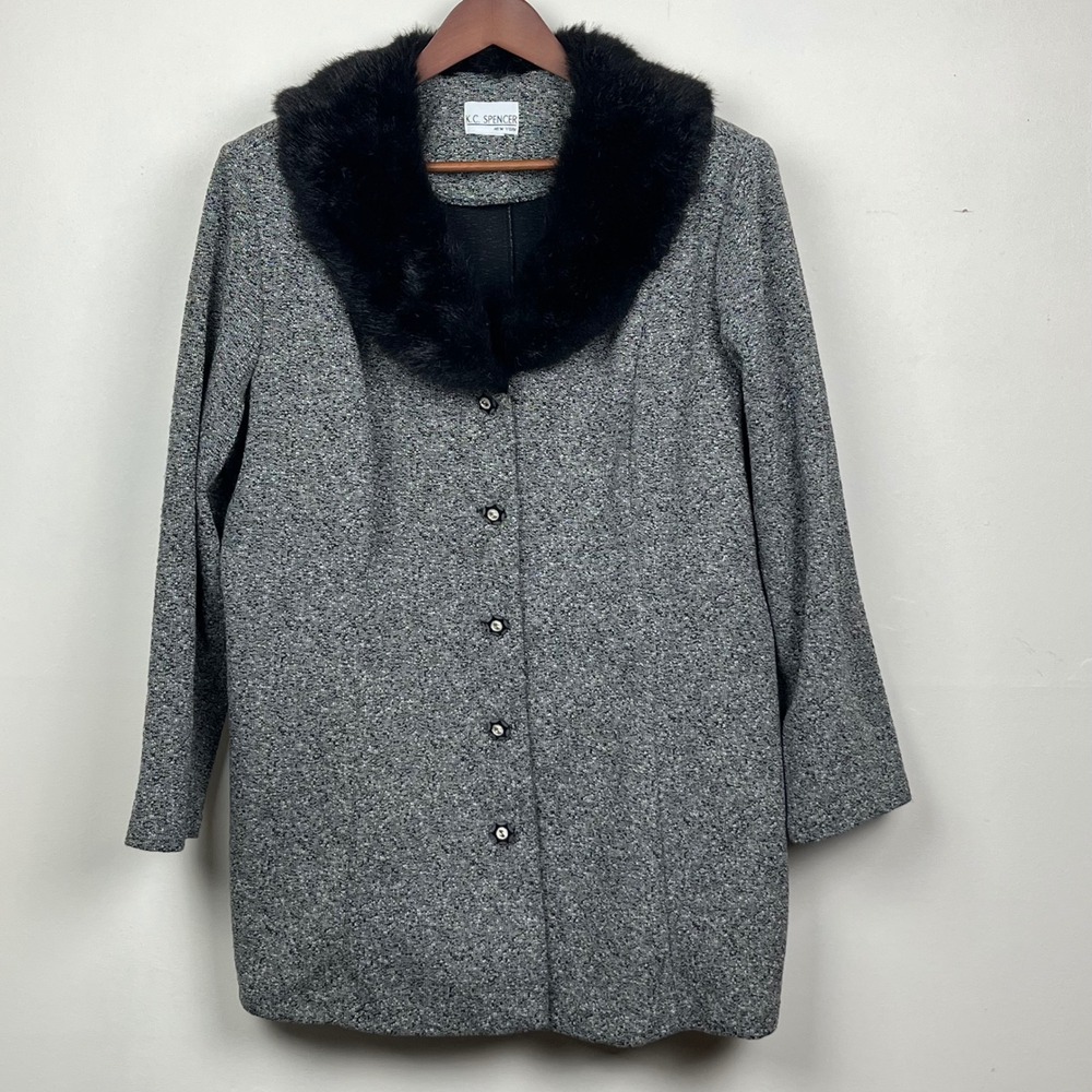 KC Spencer Faux Fur Collar Salt Pepper Knit Coat Gray Black Size 22 Fits Smaller